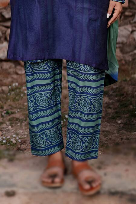 The Home Affair_Navy Chanderi, Cotton, Chiffon Embroidery Round Neck Kurta Set With Dupatta _at_Aza_Fashions