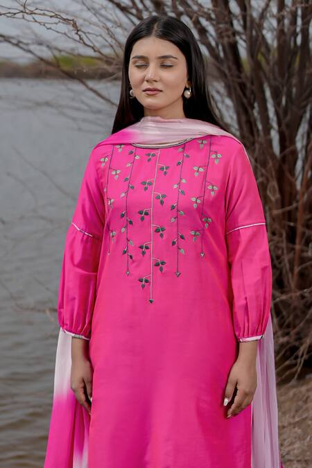 Shop_The Home Affair_Pink Cotton, Jacquard, Chiffon Embroidery Round Neck Kurta Set _Online_at_Aza_Fashions