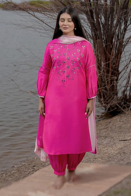 The Home Affair Pink Embroidered Kurta Set 