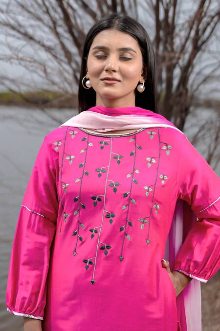 The Home Affair_Pink Cotton, Jacquard, Chiffon Embroidery Round Neck Kurta Set _at_Aza_Fashions