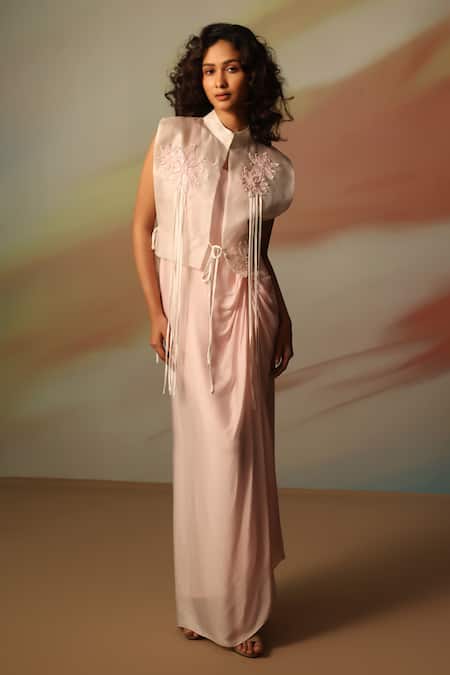 Vanshika Agarwal Label Pink Satin Georgette Maxi Dress & Jacket Set 