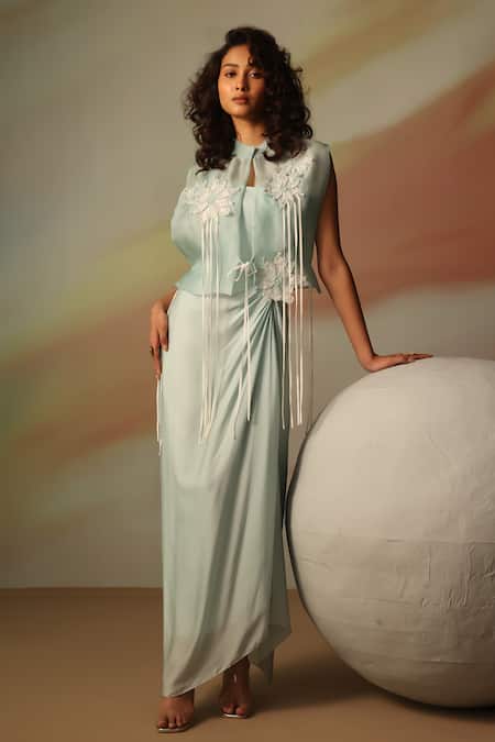Vanshika Agarwal Label_Blue Satin, Georgette, Organza Embroidery Round Neck Maxi Dress And Jacket Set _Online_at_Aza_Fashions