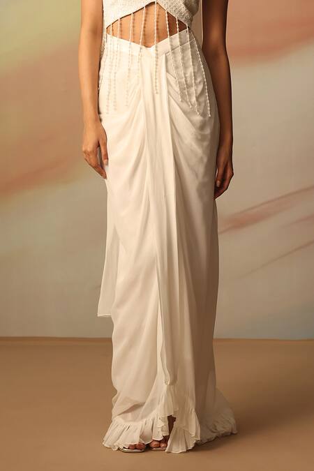 Buy Vanshika Agarwal Label White Georgette, Organza Pearls V-neck Designer Skirt Set Online at Aza Fashions Buy_Vanshika Agarwal Label_White Georgette, Organza Pearls V-neck Designer Skirt Set _Online_at_Aza_Fashions