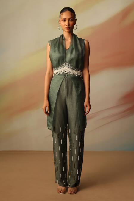 Vanshika Agarwal Label_Green Bamboo, Organza, Silk Lace, Embroidery Mandarin Collar, Overlay Pant Set _Online_at_Aza_Fashions