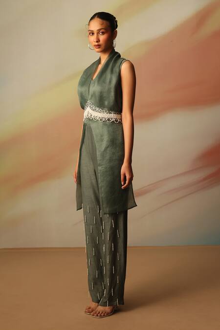 Buy_Vanshika Agarwal Label_Green Bamboo, Organza, Silk Lace, Embroidery Mandarin Collar, Overlay Pant Set _Online_at_Aza_Fashions
