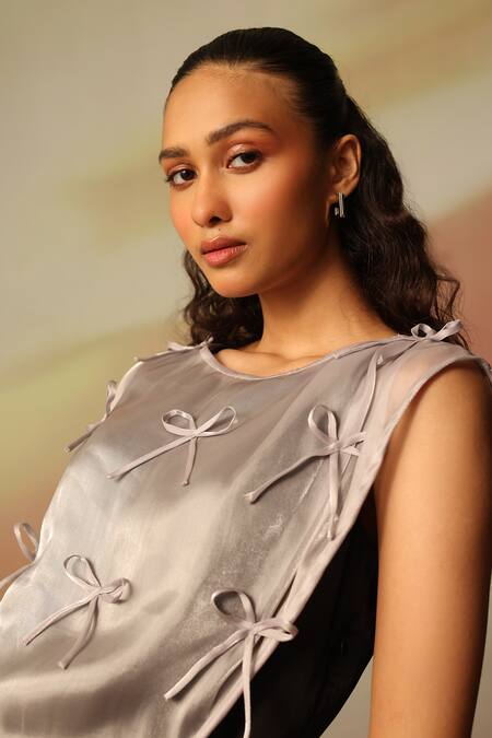 Vanshika Agarwal Label_Black Satin, Georgette, Organza Bows Round Neck And Silver Pant Set _Online_at_Aza_Fashions