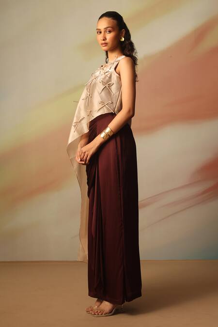 Vanshika Agarwal Label_Beige Satin, Georgette, Organza Embroidery Round Neck Brown Skirt Set _Online_at_Aza_Fashions