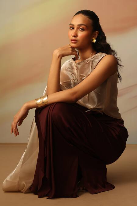 Buy_Vanshika Agarwal Label_Beige Satin, Georgette, Organza Embroidery Round Neck Brown Skirt Set _Online_at_Aza_Fashions