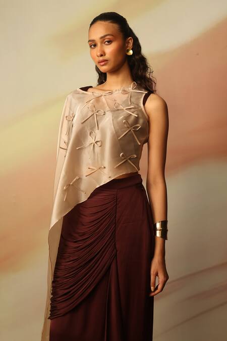Shop_Vanshika Agarwal Label_Beige Satin, Georgette, Organza Embroidery Round Neck Brown Skirt Set _Online_at_Aza_Fashions
