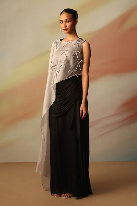 Buy_Vanshika Agarwal Label_Silver Satin, Georgette, Organza Bows Round Neck Black And Skirt Set _Online_at_Aza_Fashions