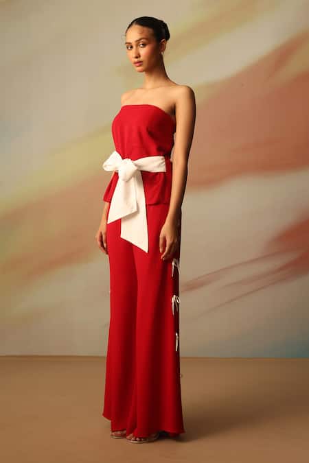 Vanshika Agarwal Label_Red Georgette Bows Bandeau Neck Double Pant Set _Online_at_Aza_Fashions