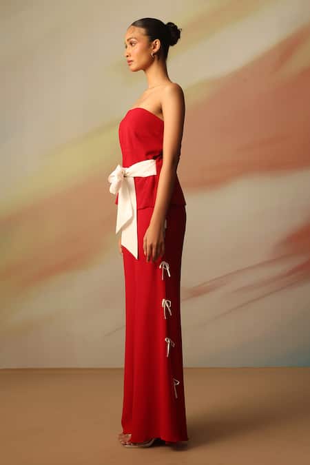 Buy_Vanshika Agarwal Label_Red Georgette Bows Bandeau Neck Double Pant Set _Online_at_Aza_Fashions