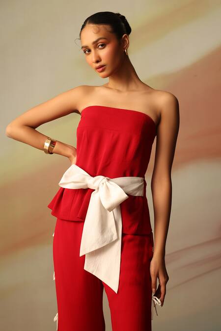 Shop_Vanshika Agarwal Label_Red Georgette Bows Bandeau Neck Double Pant Set _Online_at_Aza_Fashions