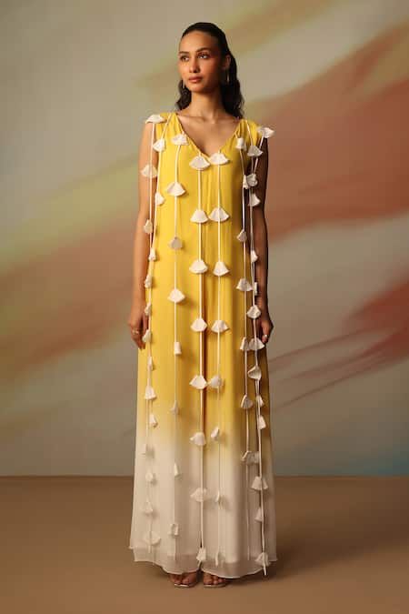 Vanshika Agarwal Label_Yellow Georgette, Taffeta Fabric Flowers V-neck White And Jumpsuit _Online_at_Aza_Fashions