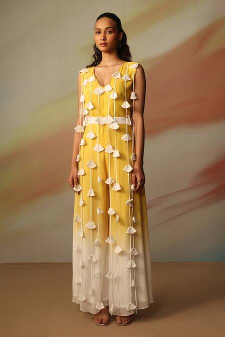 Buy_Vanshika Agarwal Label_Yellow Georgette, Taffeta Fabric Flowers V-neck White And Jumpsuit _Online_at_Aza_Fashions