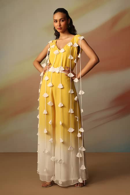 Vanshika Agarwal Label White & Yellow Georgette Jumpsuit 