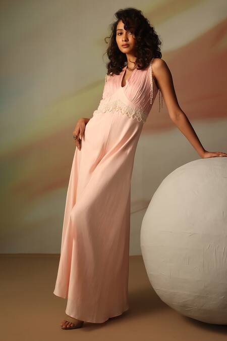 Vanshika Agarwal Label_Pink Satin V-neck Designer Georgette Jumpsuit _Online_at_Aza_Fashions