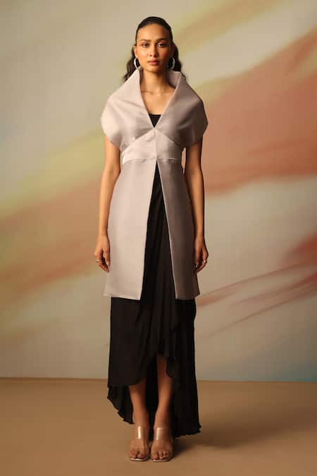 Vanshika Agarwal Label_Black Satin, Georgette, Organza V-neck Midi Dress _Online_at_Aza_Fashions