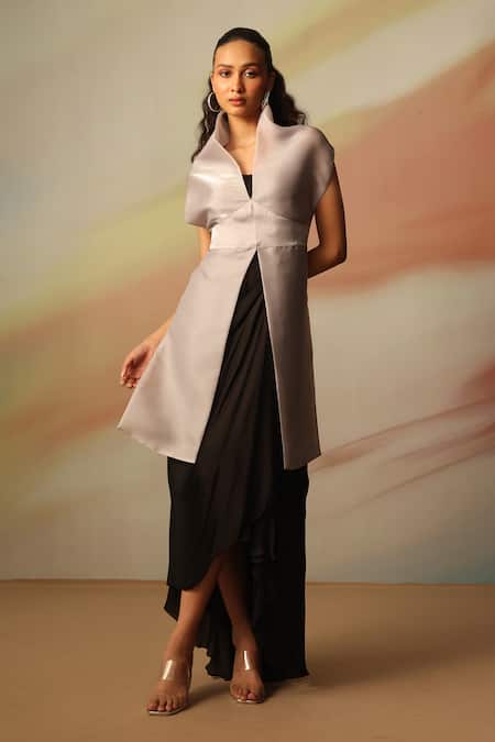 Vanshika Agarwal Label Black Satin Georgette Midi Dress 