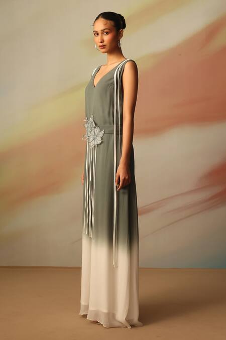 Buy_Vanshika Agarwal Label_Olive Green Georgette Embroidery V-neck Designer Jumpsuit Set _Online_at_Aza_Fashions