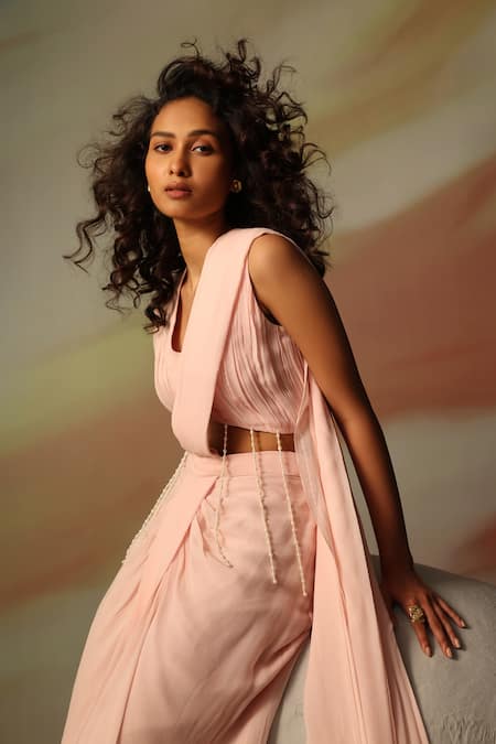 Shop_Vanshika Agarwal Label_Pink Georgette V-neck Kimberly Pre-draped Saree Set _Online_at_Aza_Fashions