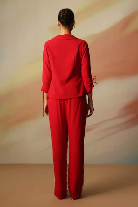 Vanshika Agarwal Label Red Double Georgette Blazer Pant Set 