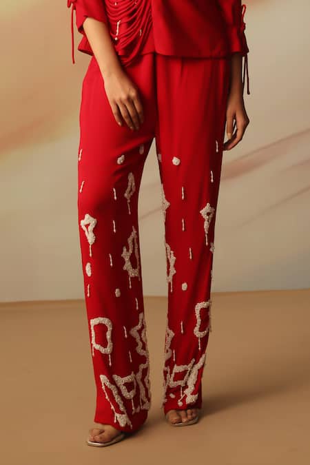 Vanshika Agarwal Label_Red Georgette Beads, Embroidery Double Blazer Pant Set _Online_at_Aza_Fashions