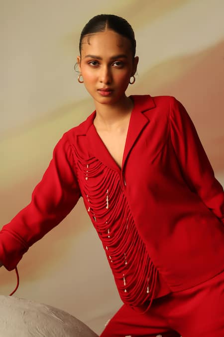 Vanshika Agarwal Label_Red Georgette Beads, Embroidery Double Blazer Pant Set _at_Aza_Fashions