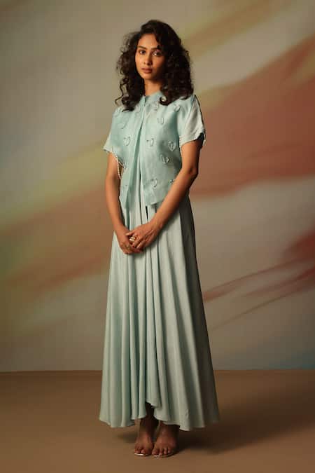Vanshika Agarwal Label_Sky Blue Organza, Bamboo Pearls, Embroidery V-neck, Maxi Dress And Jacket Set _Online_at_Aza_Fashions