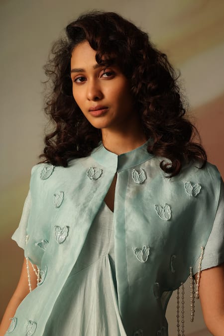 Buy_Vanshika Agarwal Label_Sky Blue Organza, Bamboo Pearls, Embroidery V-neck, Maxi Dress And Jacket Set _Online_at_Aza_Fashions