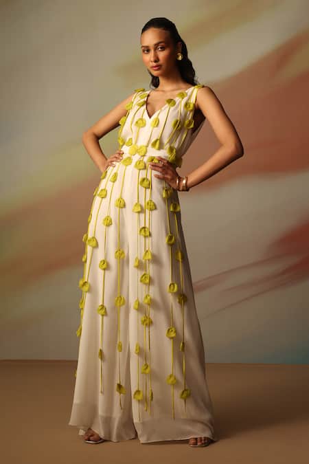 Shop_Vanshika Agarwal Label_White Georgette, Taffeta Fabric Flowers V-neck Pixie Jumpsuit _Online_at_Aza_Fashions