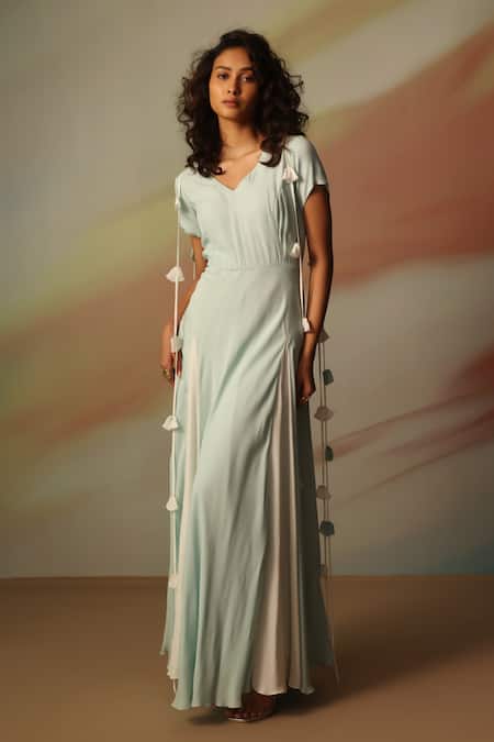 Vanshika Agarwal Label_Blue Georgette V-neck Designer Maxi Dress _Online_at_Aza_Fashions