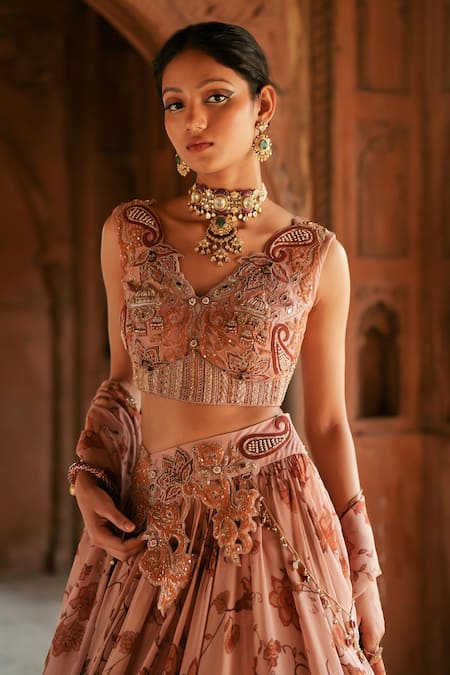 ISHA GUPTA TAYAL Pink Organza, Silk Sequins, Embroidery Round Neck Printed Lehenga Set at Aza Fashions ISHA GUPTA TAYAL_Pink Organza, Silk Sequins, Embroidery Round Neck Printed Lehenga Set _at_Aza_Fashions