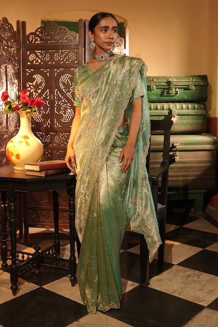 Midushi Bajoria Teal Gold Silk Tissue Saree Set 