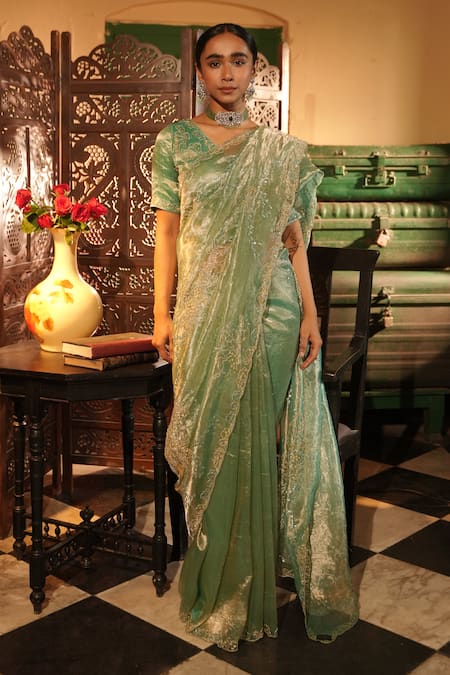 Midushi Bajoria Teal Gold Silk Tissue Saree Set 