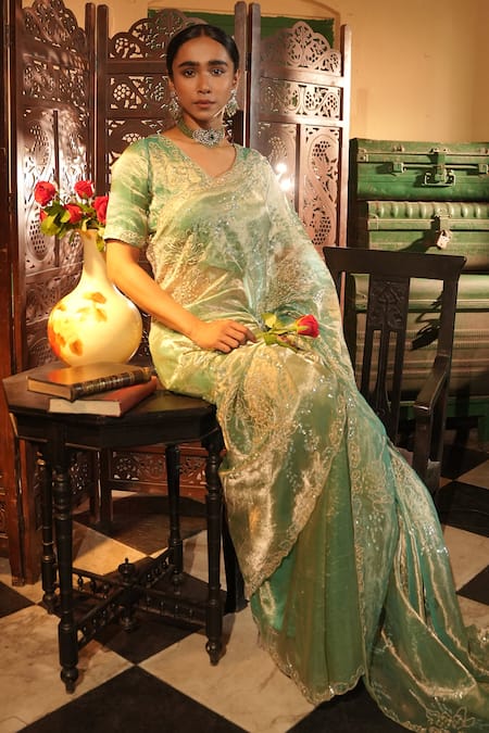 Midushi Bajoria_Teal Silk, Tissue Embroidery, Zari Round Neck Gold Saree Set _Online_at_Aza_Fashions