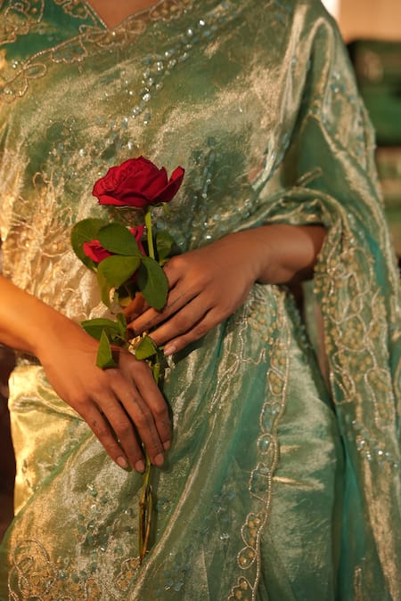 Buy_Midushi Bajoria_Teal Silk, Tissue Embroidery, Zari Round Neck Gold Saree Set _Online_at_Aza_Fashions