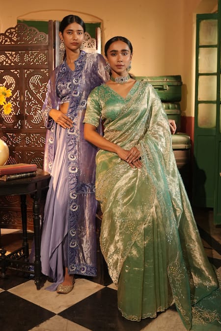 Shop_Midushi Bajoria_Teal Silk, Tissue Embroidery, Zari Round Neck Gold Saree Set _Online_at_Aza_Fashions