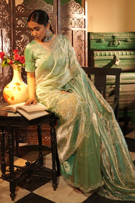 Midushi Bajoria_Teal Silk, Tissue Embroidery, Zari Round Neck Gold Saree Set _at_Aza_Fashions
