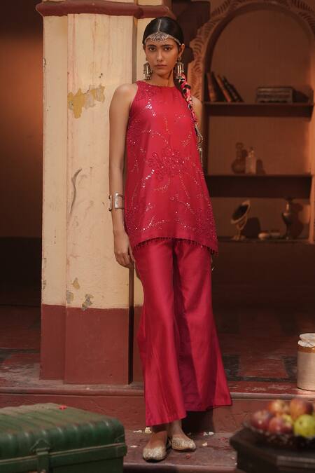 Buy_Midushi Bajoria_Red Silk, Chanderi Embroidery Tunic And Pant Set _Online_at_Aza_Fashions