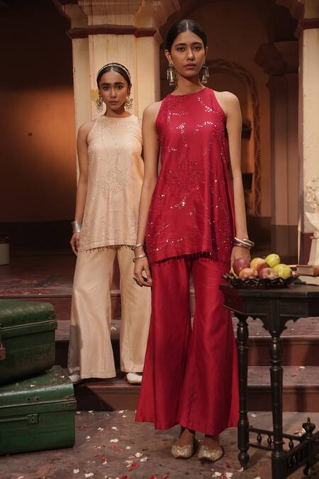 Shop_Midushi Bajoria_Cream Silk, Chanderi Embroidery Halter Neck Tunic And Pant Set _Online_at_Aza_Fashions