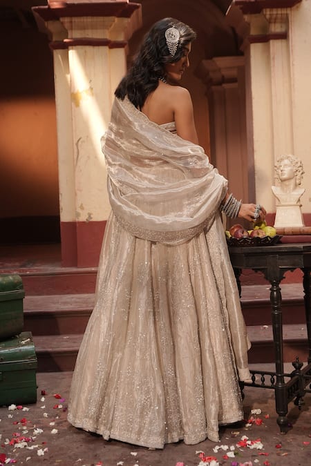 Midushi Bajoria Silver Silk Tissue Classic Lehenga Set 