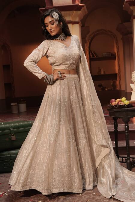 Buy_Midushi Bajoria_Silver , Tissue, Satin Sequins, Embroidery, Beads Classic Lehenga Set _Online_at_Aza_Fashions