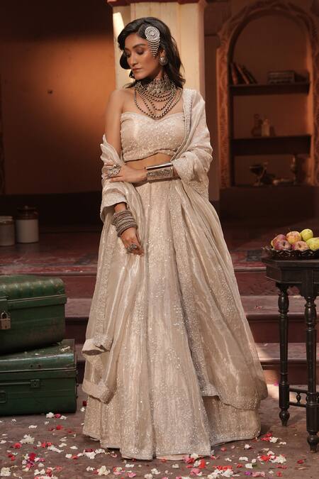 Shop_Midushi Bajoria_Silver , Tissue, Satin Sequins, Embroidery, Beads Classic Lehenga Set _Online_at_Aza_Fashions