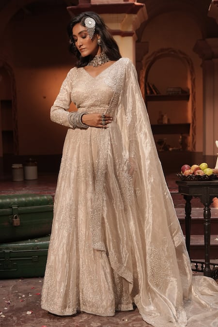 Midushi Bajoria Silver Silk Tissue Classic Lehenga Set 