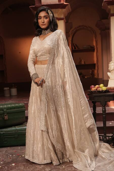 Midushi Bajoria_Silver , Tissue, Satin Sequins, Embroidery, Beads Classic Lehenga Set _at_Aza_Fashions