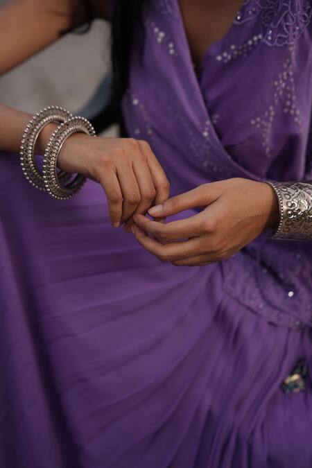 Midushi Bajoria_Purple Georgette, Silk Sequins, Embroidery Round Neck Fusion Lehenga Set _Online_at_Aza_Fashions