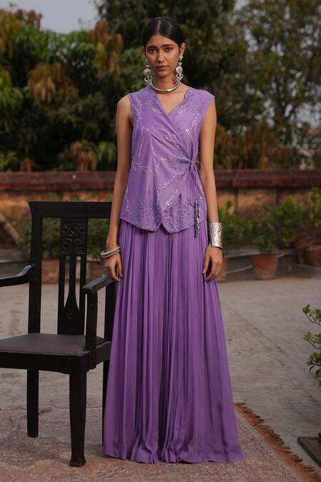 Shop_Midushi Bajoria_Purple Georgette, Silk Sequins, Embroidery Round Neck Fusion Lehenga Set _Online_at_Aza_Fashions
