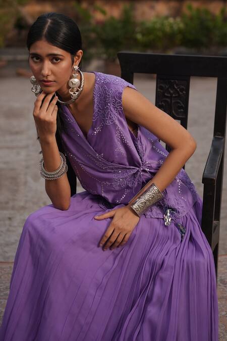 Midushi Bajoria_Purple Georgette, Silk Sequins, Embroidery Round Neck Fusion Lehenga Set _at_Aza_Fashions