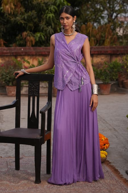 Midushi Bajoria Purple Georgette Silk Fusion Lehenga Set 